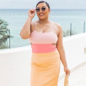 Colorblock Pink and Orange Midi Dress
